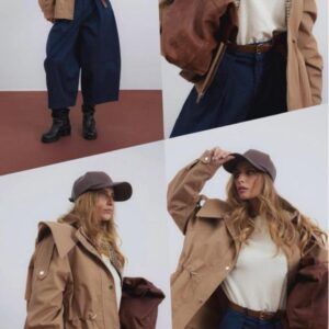 Gabardina Camel con Capucha y Cuadros Verdes